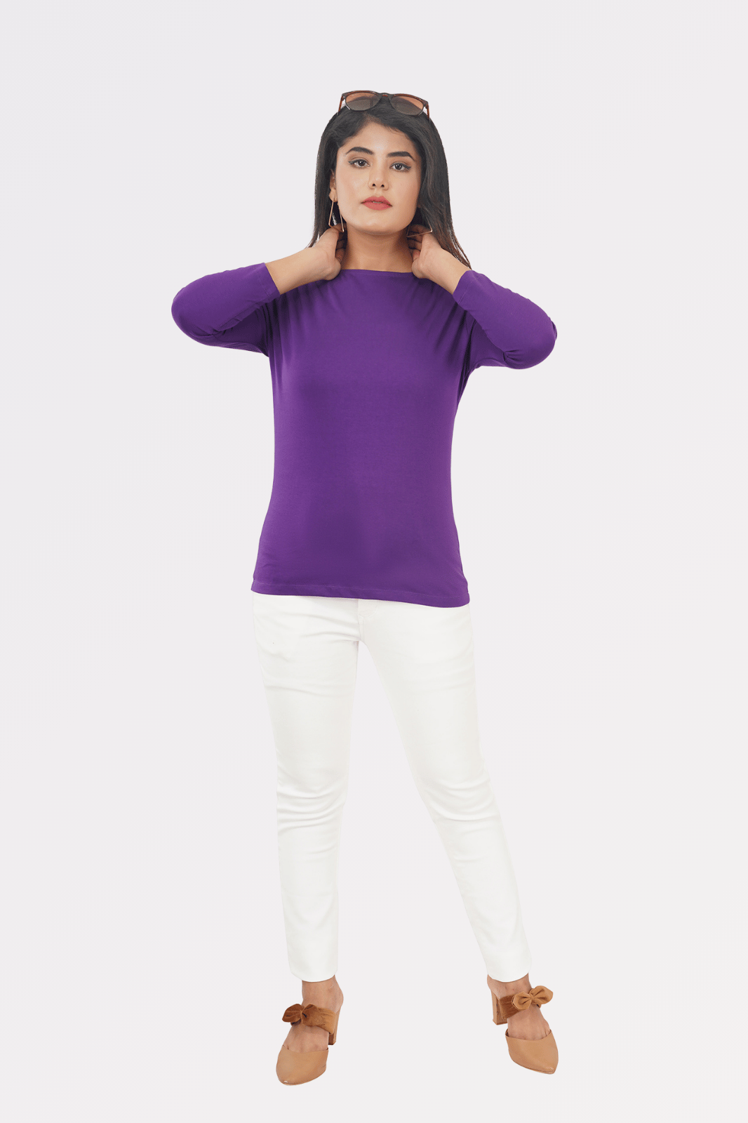Purple Cotton Boat Neck Top