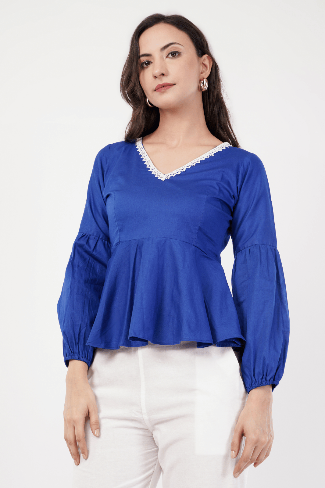 Royal Blue Peplum Top with White Lace