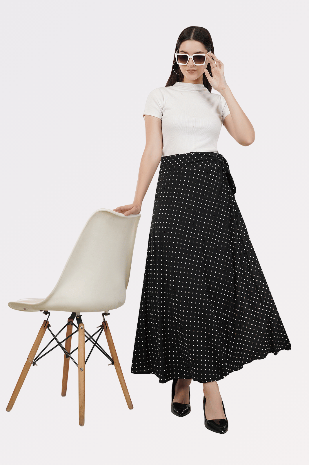 Black Polka Dots Maxi-Length Wrap Skirt in Premium Rayon