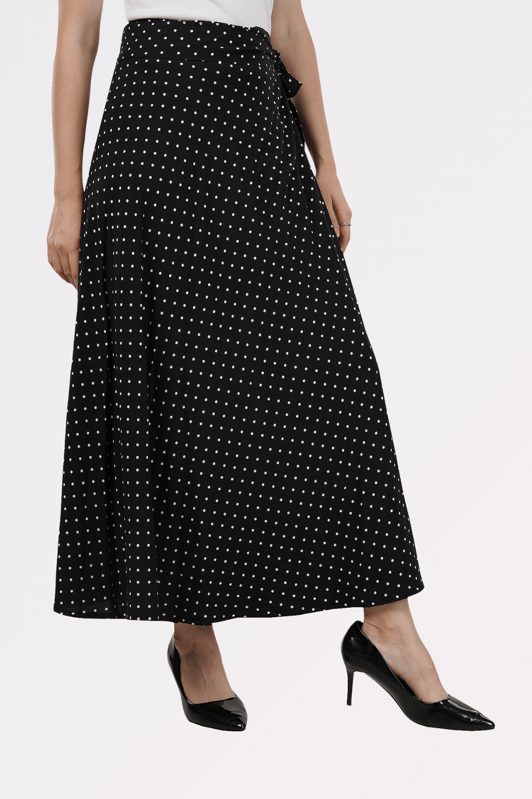 Black Polka Dots Maxi-Length Wrap Skirt in Premium Rayon