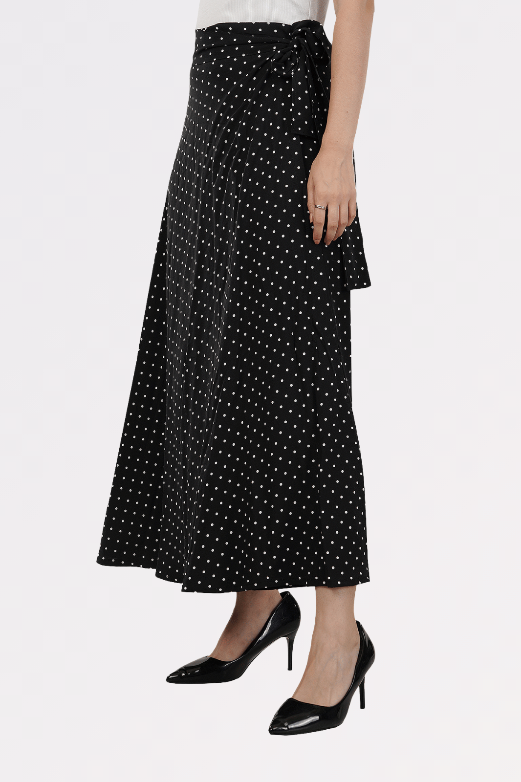 Black Polka Dots Maxi-Length Wrap Skirt in Premium Rayon