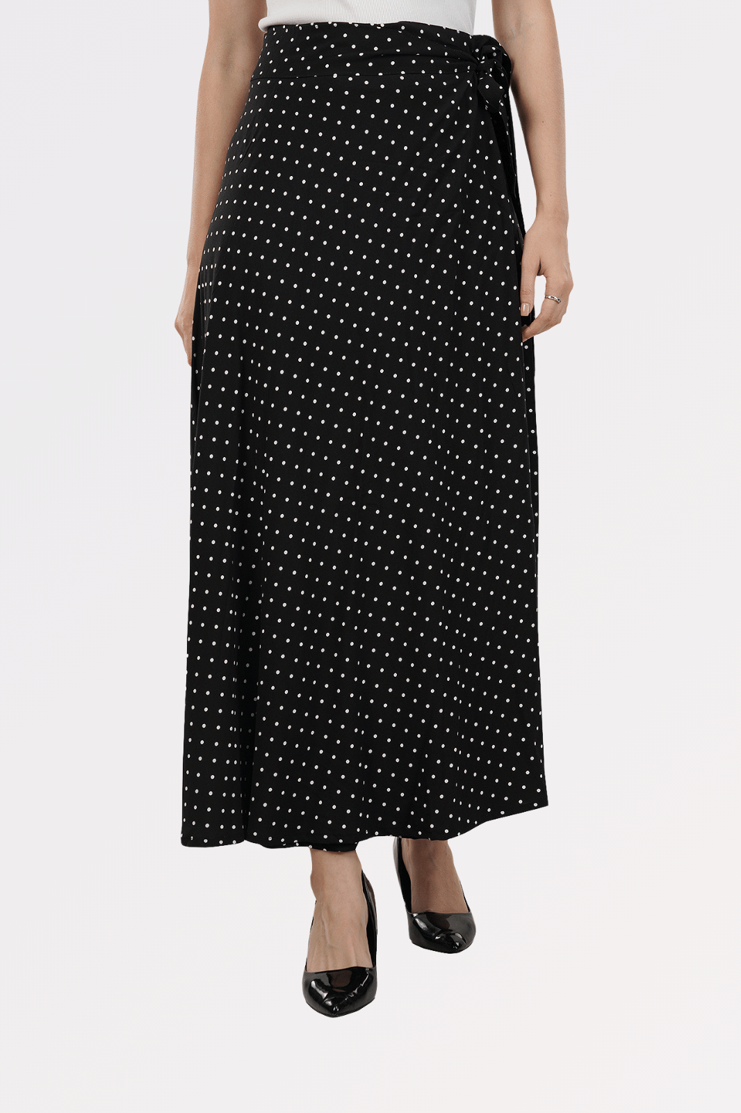 Black Polka Dots Maxi-Length Wrap Skirt in Premium Rayon