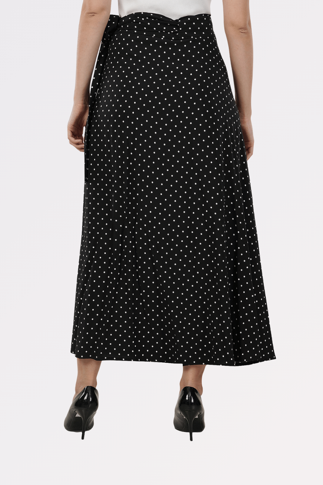 Black Polka Dots Maxi-Length Wrap Skirt in Premium Rayon