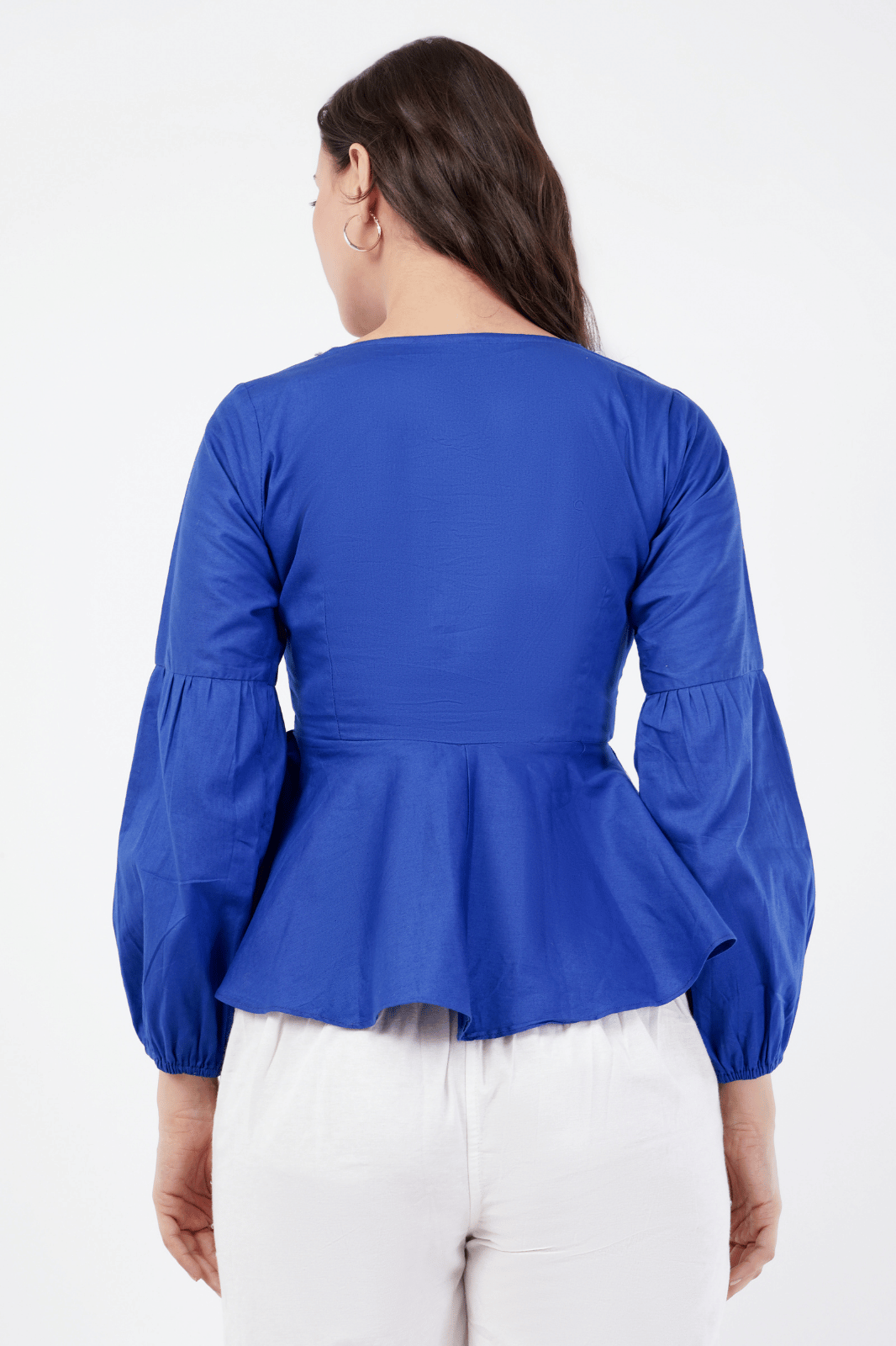 Royal Blue Peplum Top with White Lace
