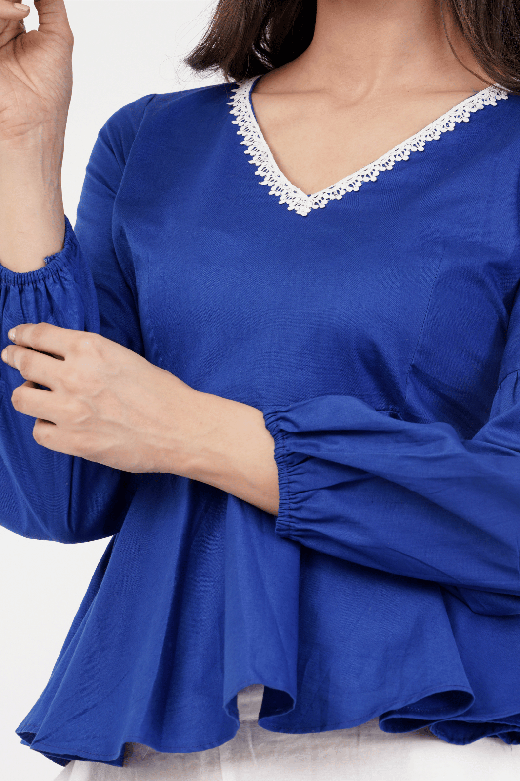 Royal Blue Peplum Top with White Lace