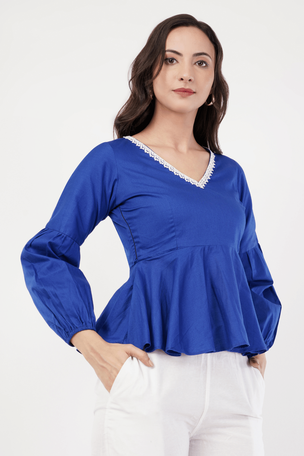 Royal Blue Peplum Top with White Lace