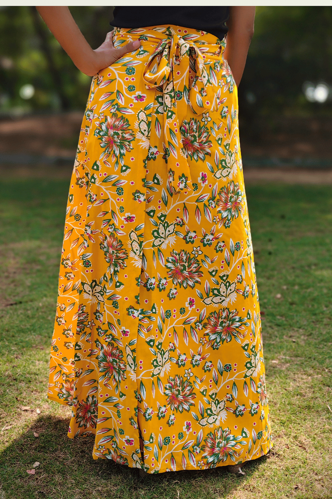 Yellow Floral Maxi-Length Wrap Skirt in Premium Rayon