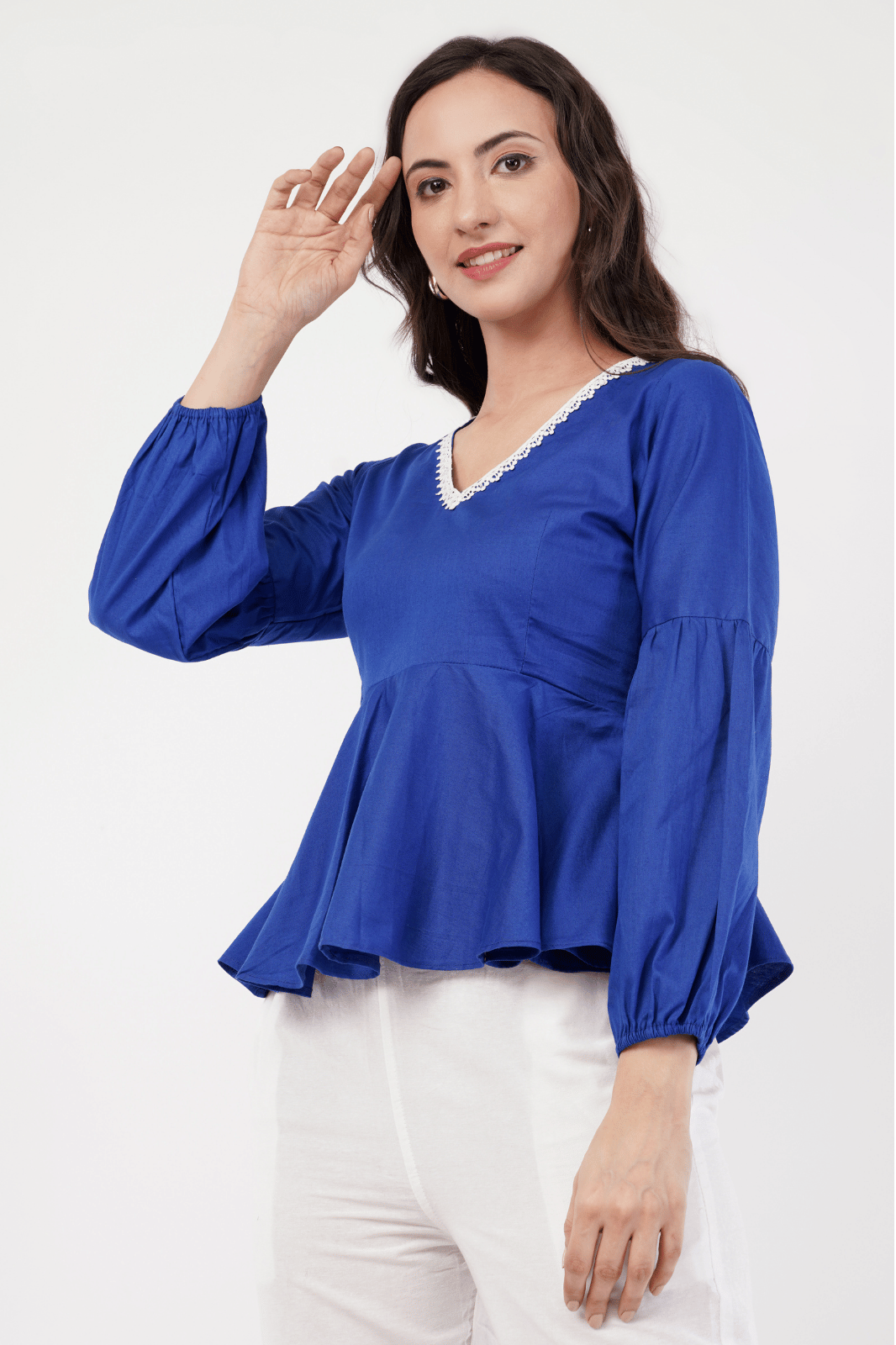 Royal Blue Peplum Top with White Lace