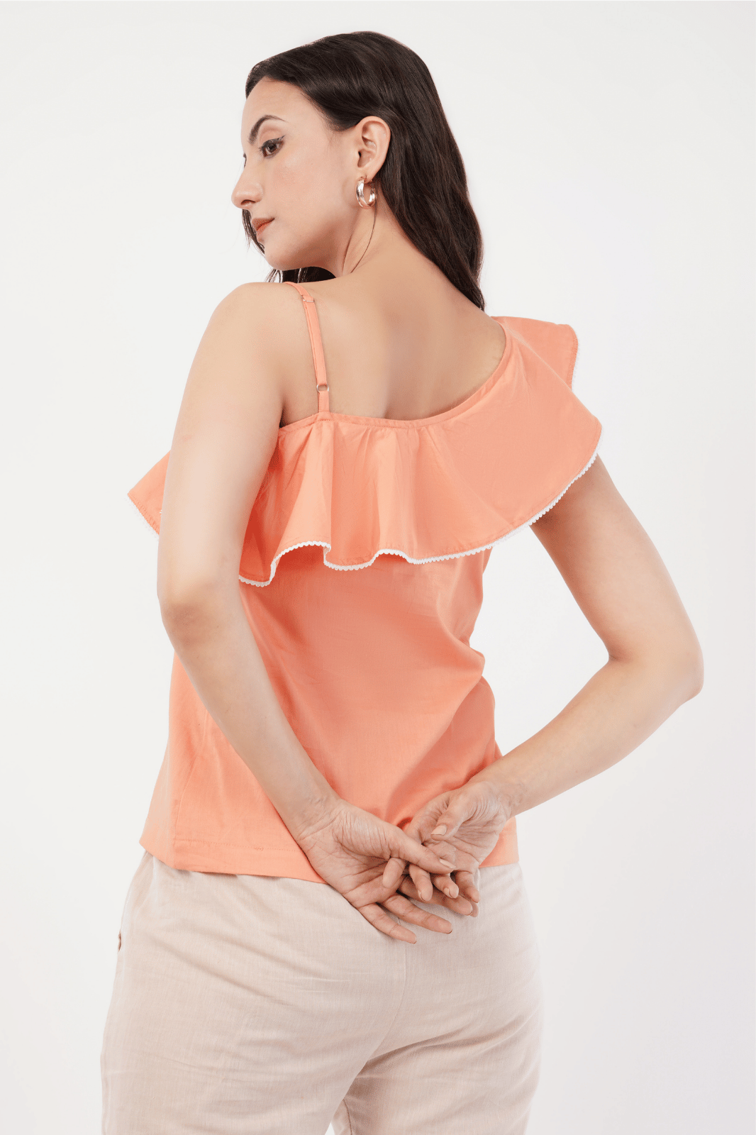 Peach One-Shoulder Frill Top