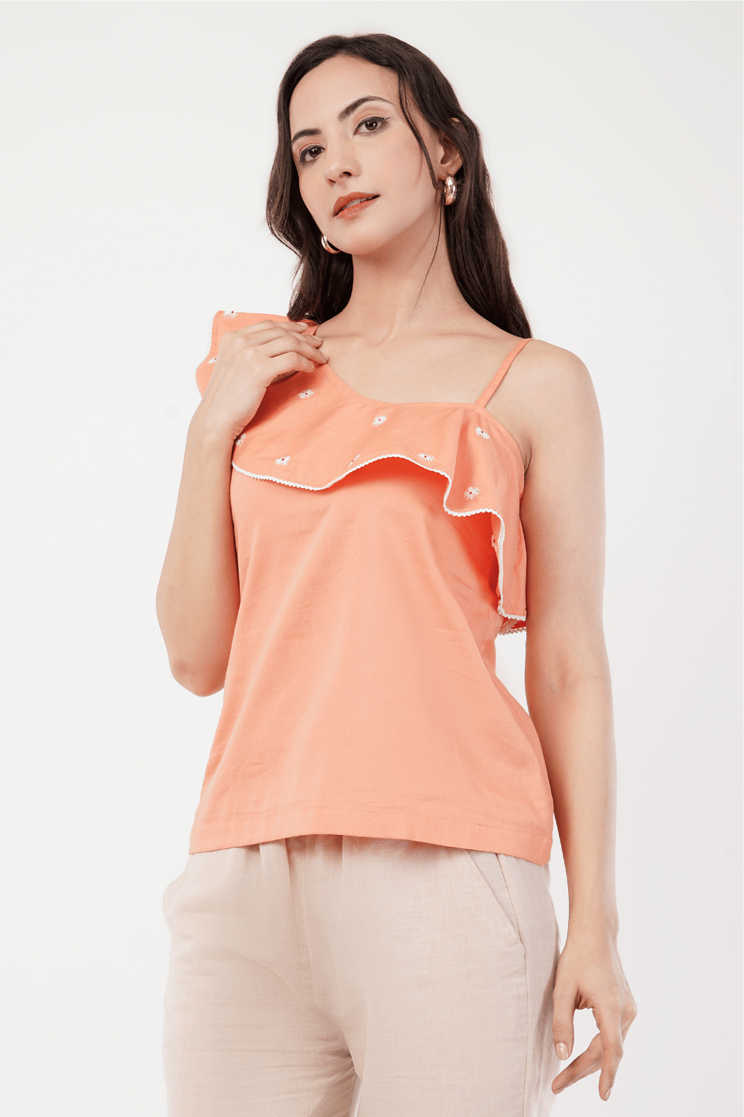 Peach One-Shoulder Frill Top