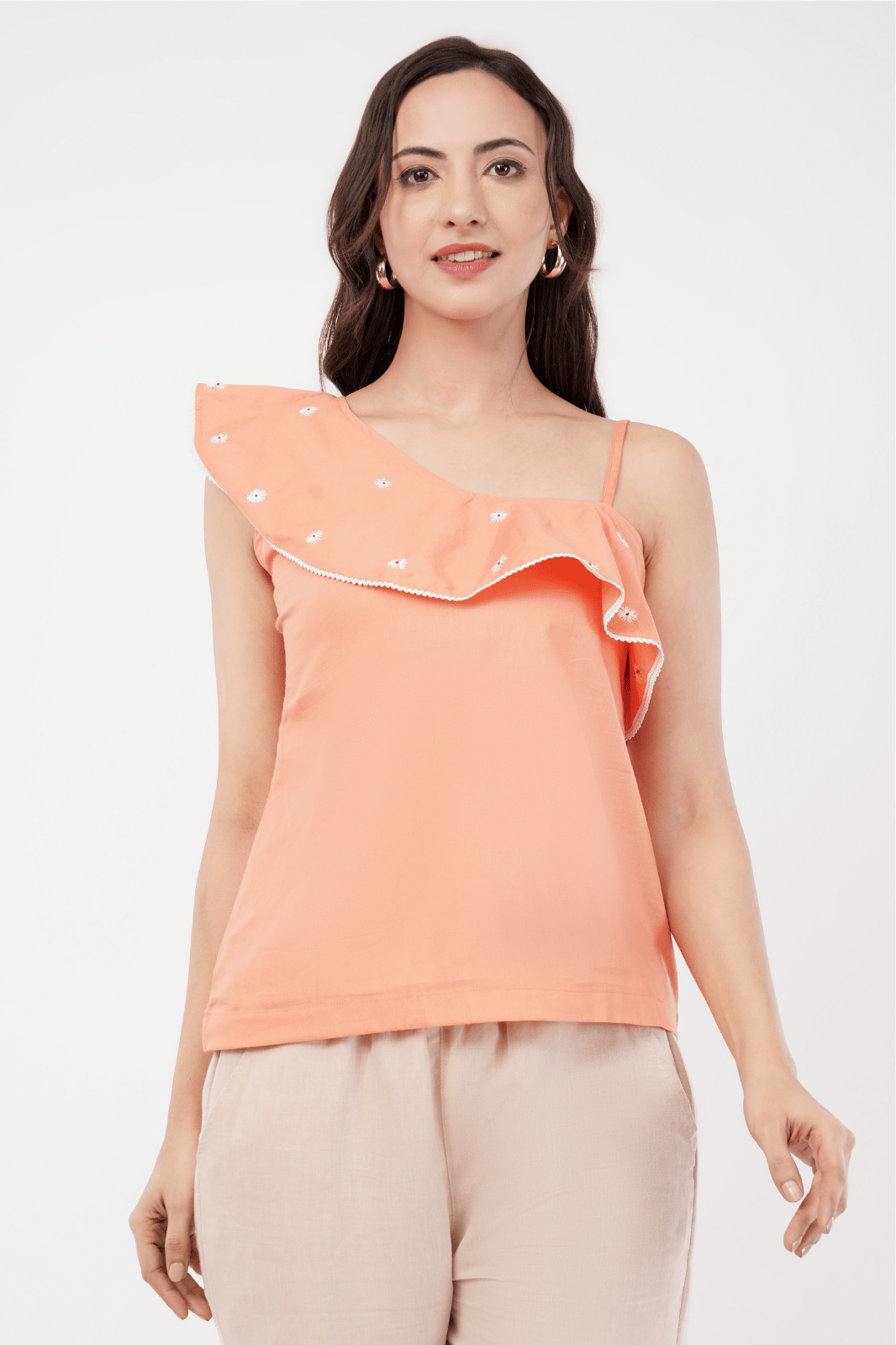 Peach One-Shoulder Frill Top