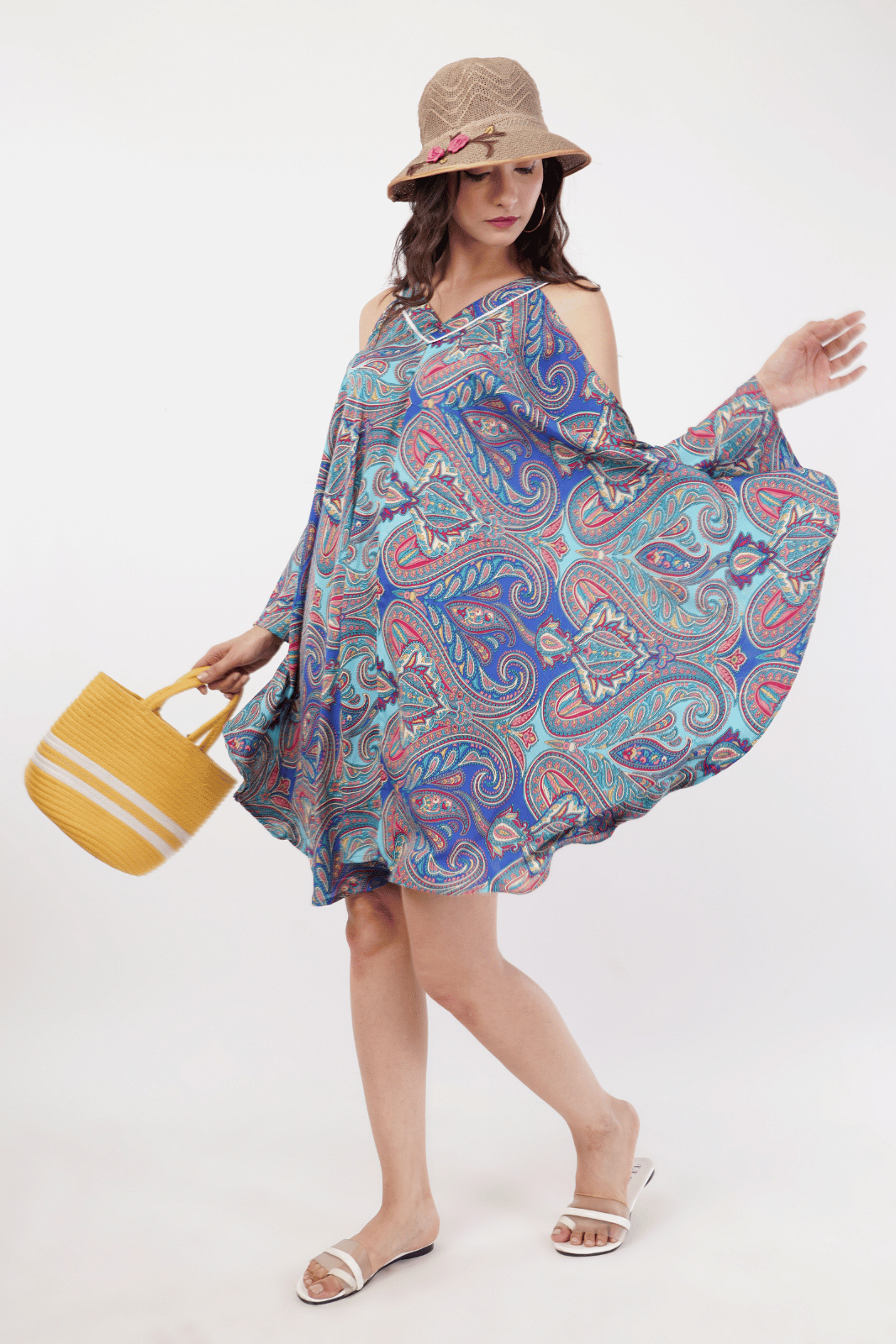 Multicolored Crepe Kaftan Dress | V-Neck Knee-Length with Cold Sleeves MedleyHues Multicolored Crepe Kaftan Dress | V-Neck Knee-Length with Cold Sleeves MedleyHues