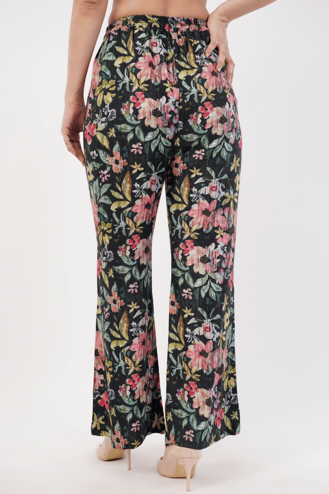 Black Floral Printed Herringbone Cotton Bell Bottom Pants