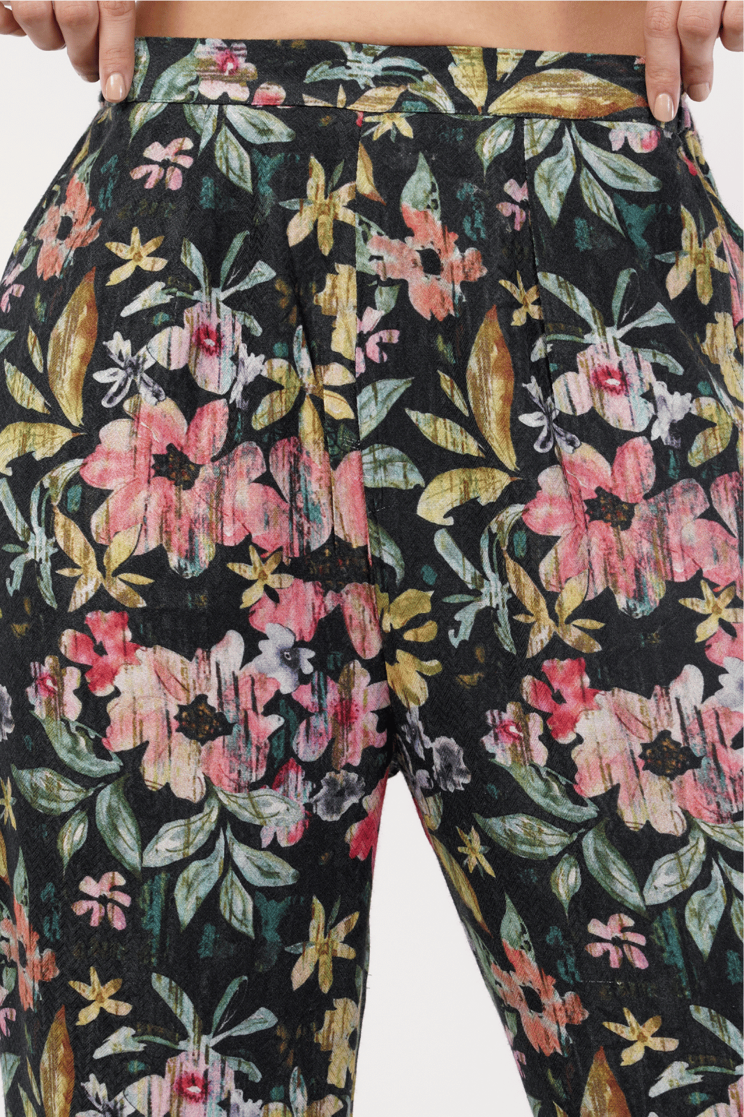 Black Floral Printed Herringbone Cotton Bell Bottom Pants