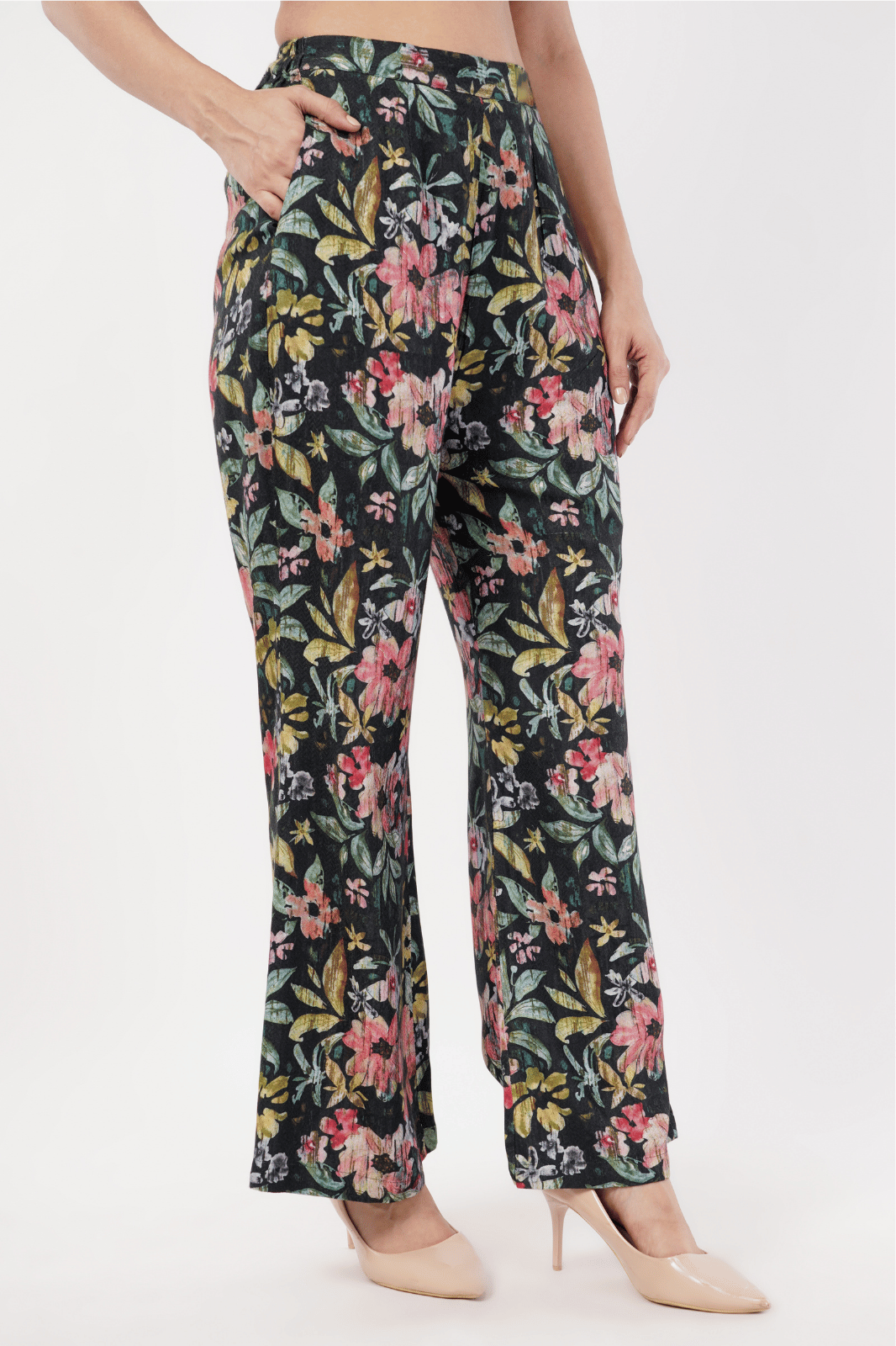Black Floral Printed Herringbone Cotton Bell Bottom Pants