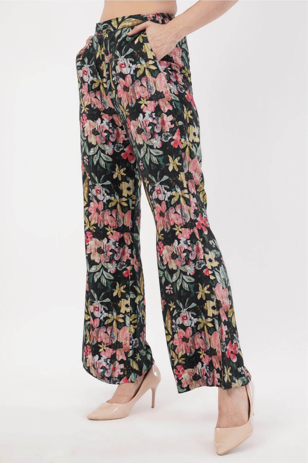 Black Floral Printed Herringbone Cotton Bell Bottom Pants