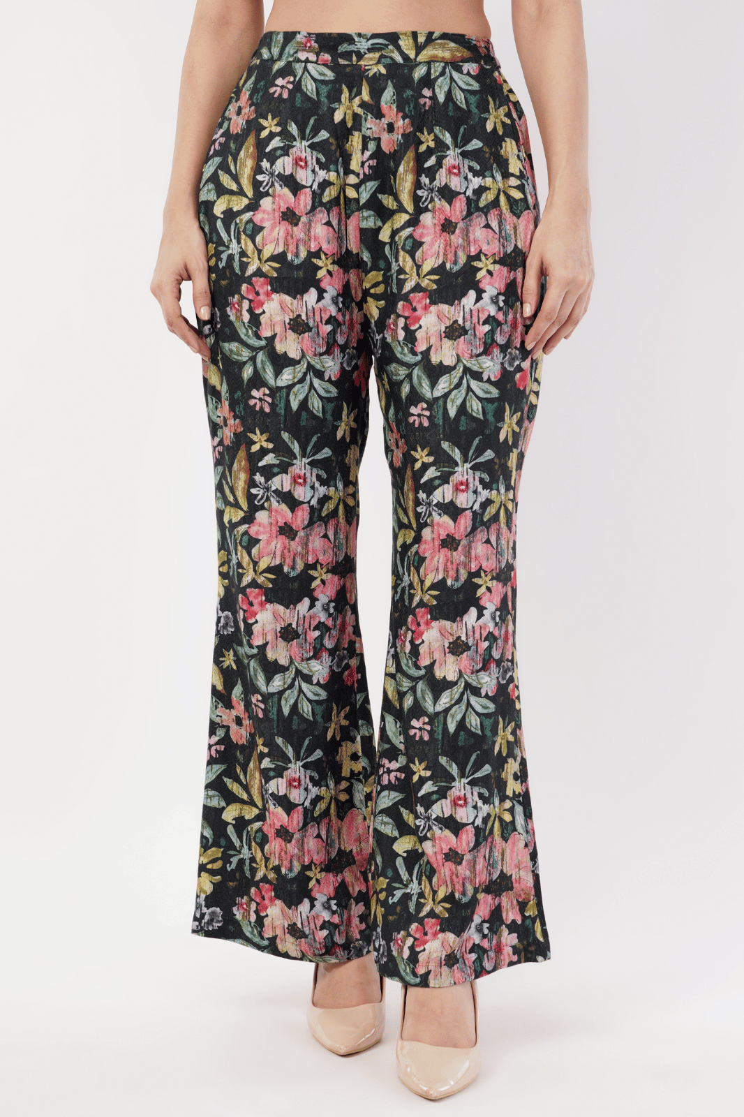 Black Floral Printed Herringbone Cotton Bell Bottom Pants