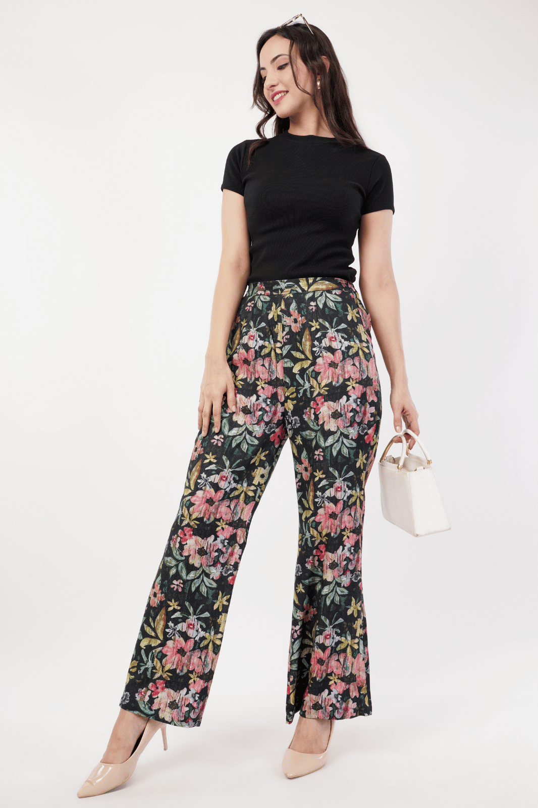 Black Floral Printed Herringbone Cotton Bell Bottom Pants