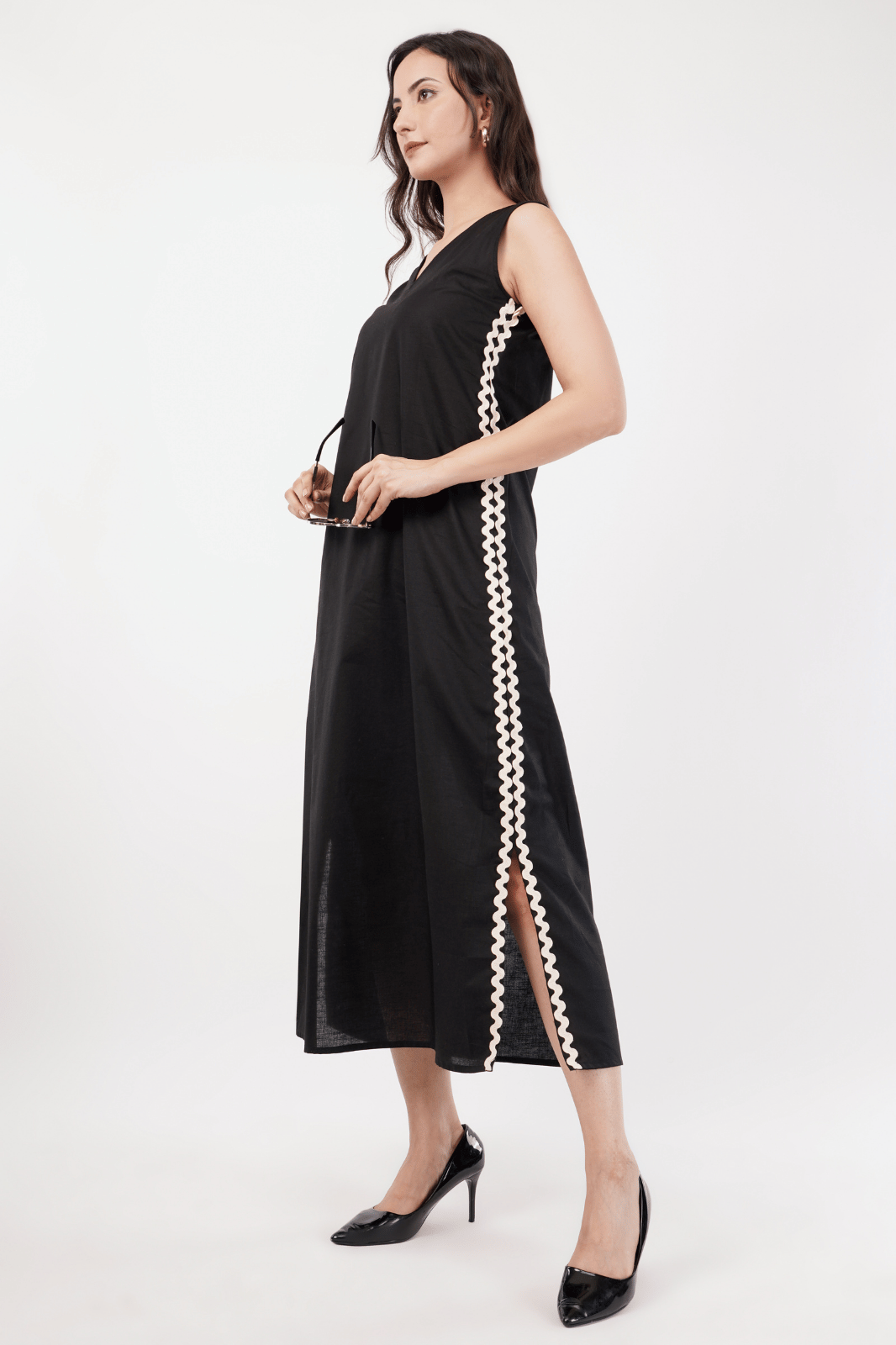 Black Maxi A-Line Dress with Lace Detailing & Slits