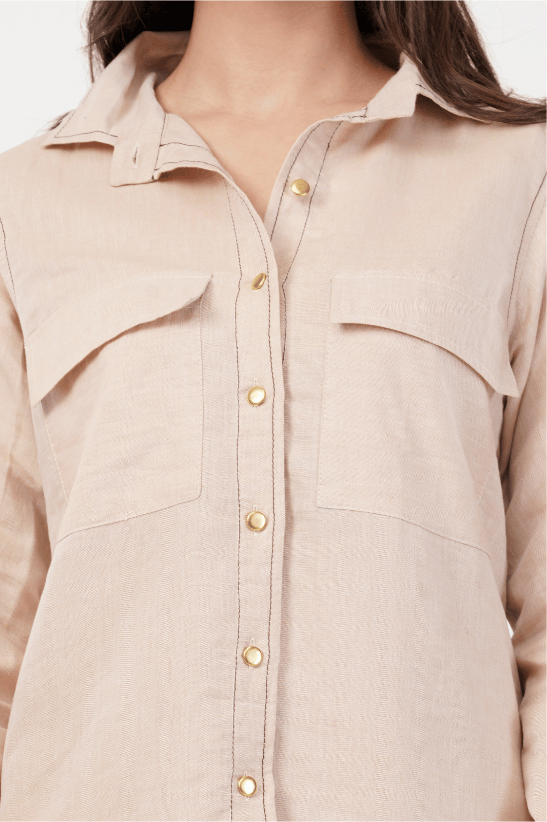 Beige Cotton Linen Shirt with Brown Overstitch & Golden Buttons