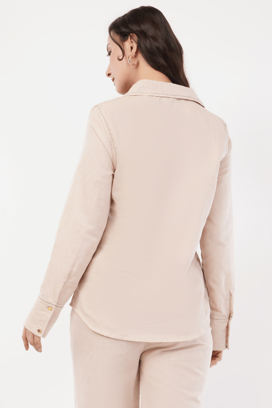 Beige Cotton Linen Shirt with Brown Overstitch & Golden Buttons