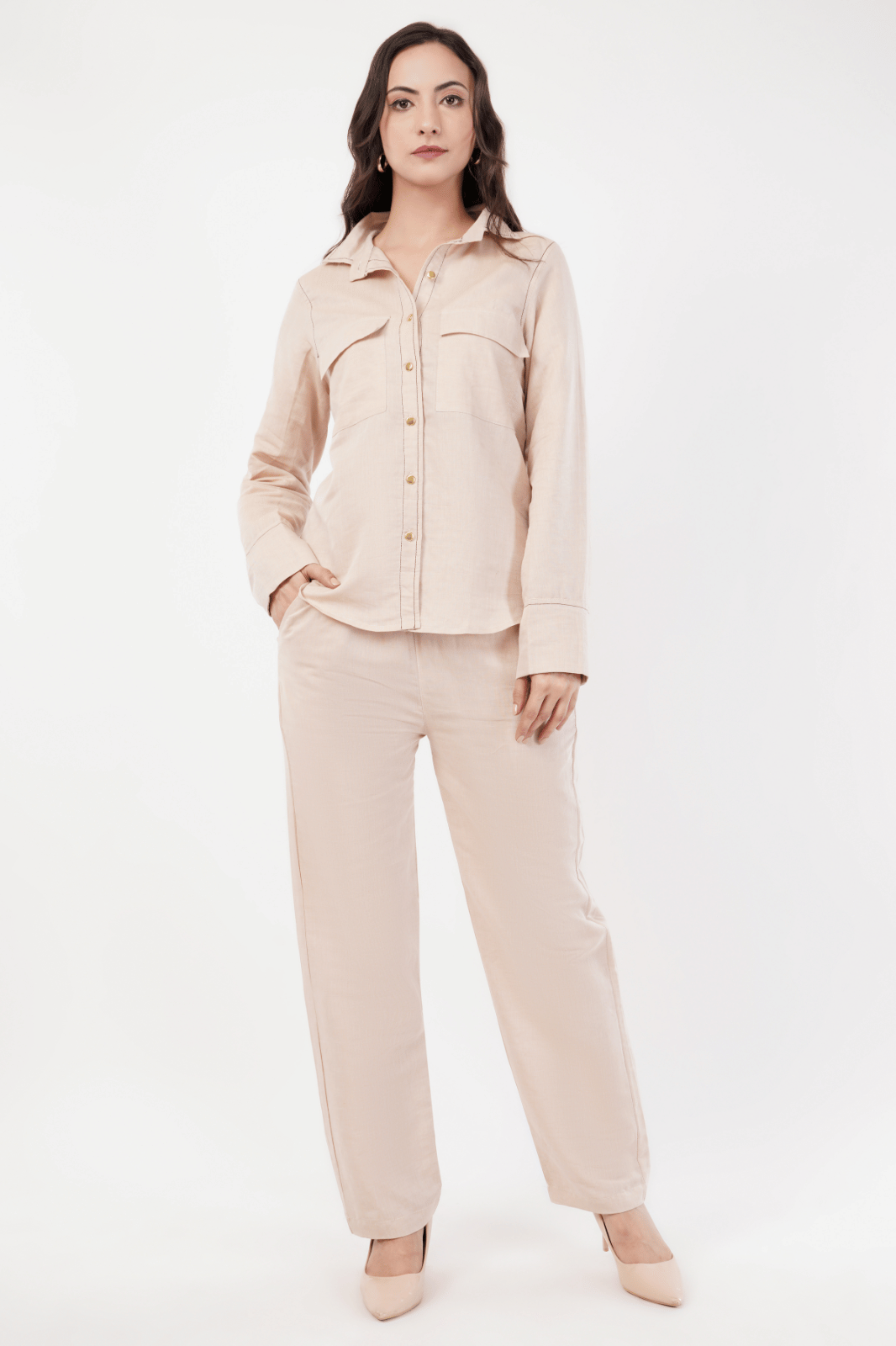Beige Cotton Linen Shirt with Brown Overstitch & Golden Buttons