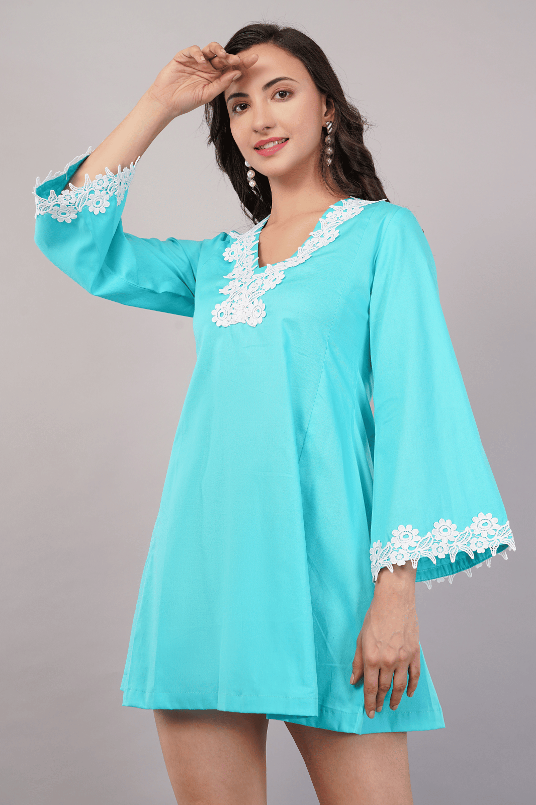 Turquoise A-Line Mini Dress with Lace Detail