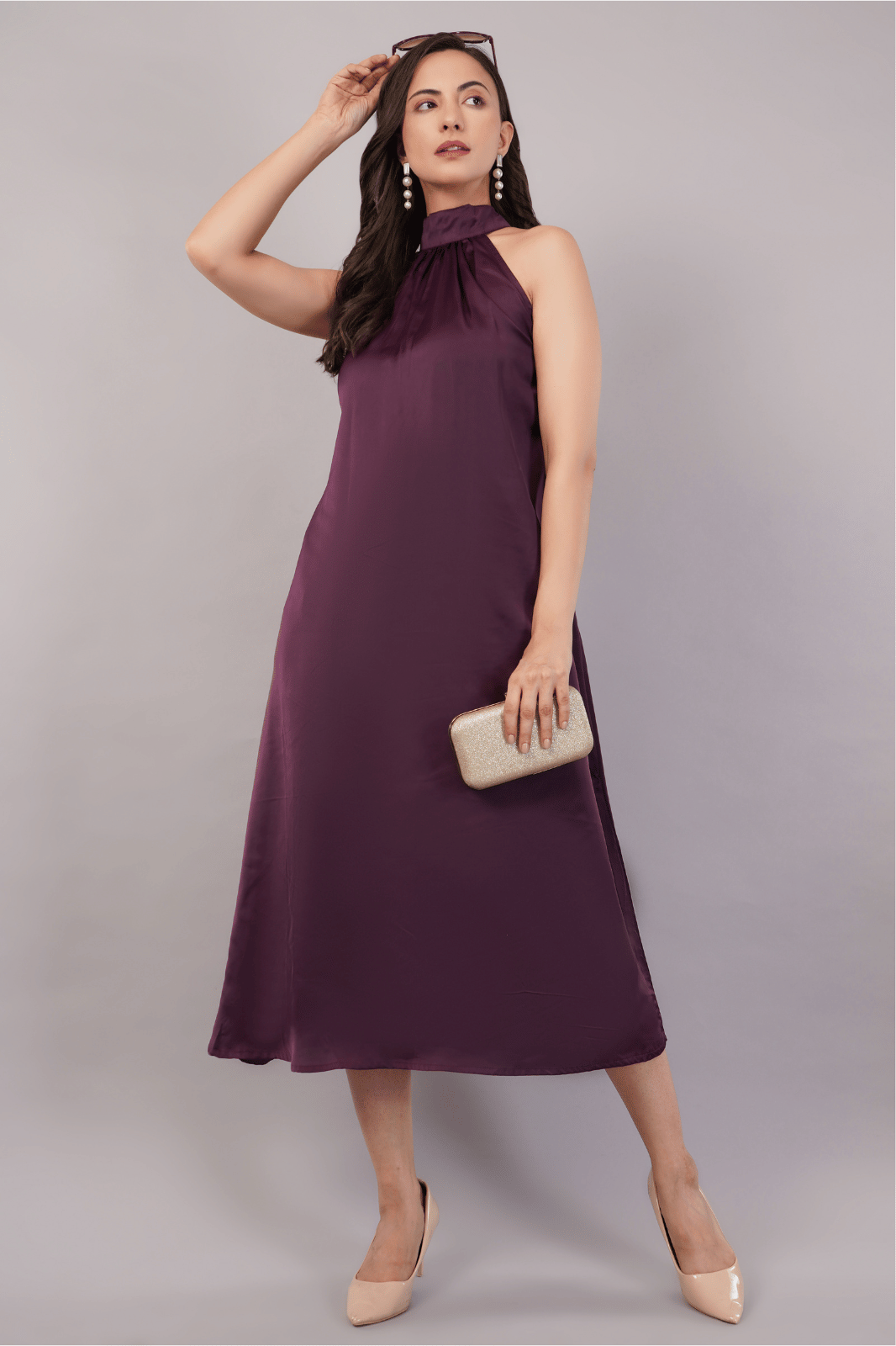 Satin A-Line Maxi Dress with Round Neck & In-Cut Sleeves MedleyHues Satin A-Line Maxi Dress with Round Neck & In-Cut Sleeves MedleyHues
