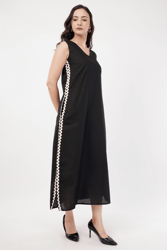 Black Maxi A-Line Dress with Lace Detailing & Slits