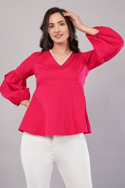 Magenta Pink Peplum Top with White Lace