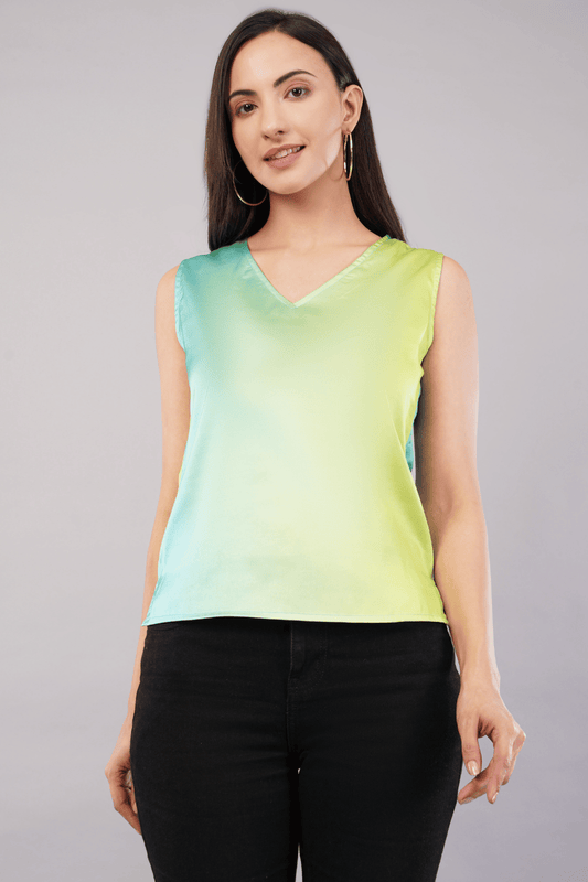 Greenish Ombre Printed Satin Top