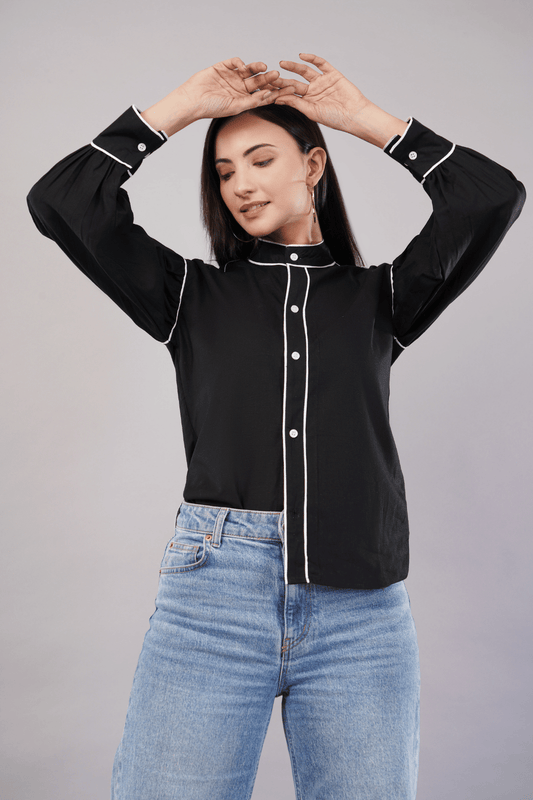 Black Cotton Linen Shirt with Bishop Sleeves