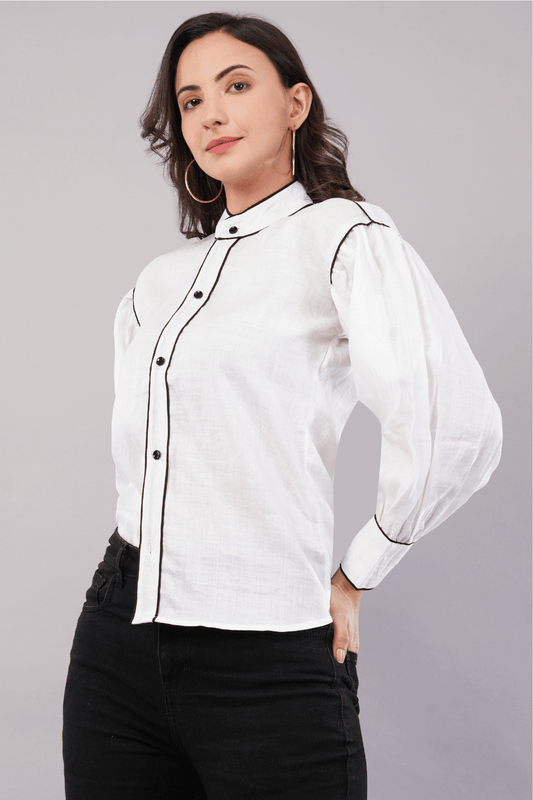 White Cotton Linen Shirt with Bishop Sleeves