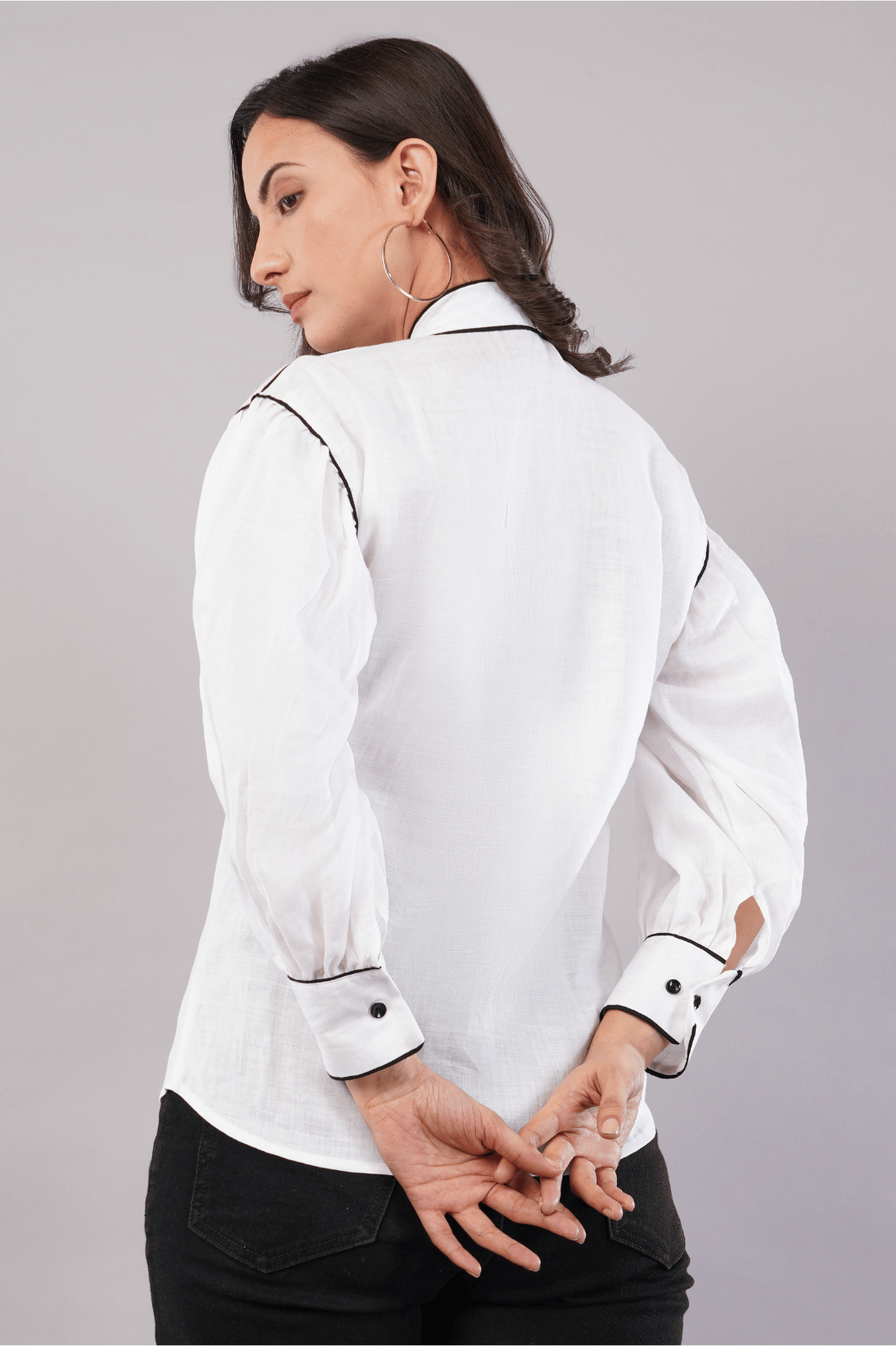 White Cotton Linen Shirt with Bishop Sleeves