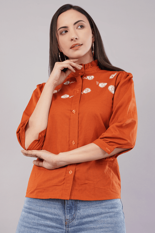 Rust Cotton Linen Shirt with Bishop Sleeves & Frill Collar