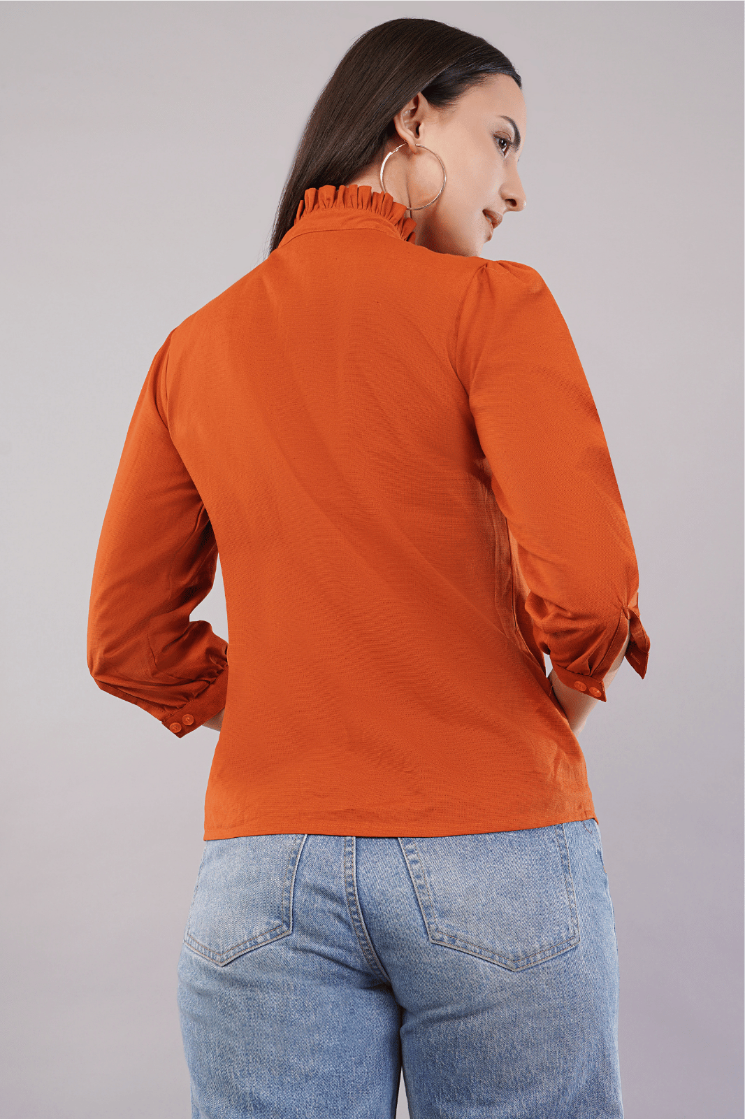 Rust Cotton Linen Shirt with Bishop Sleeves & Frill Collar