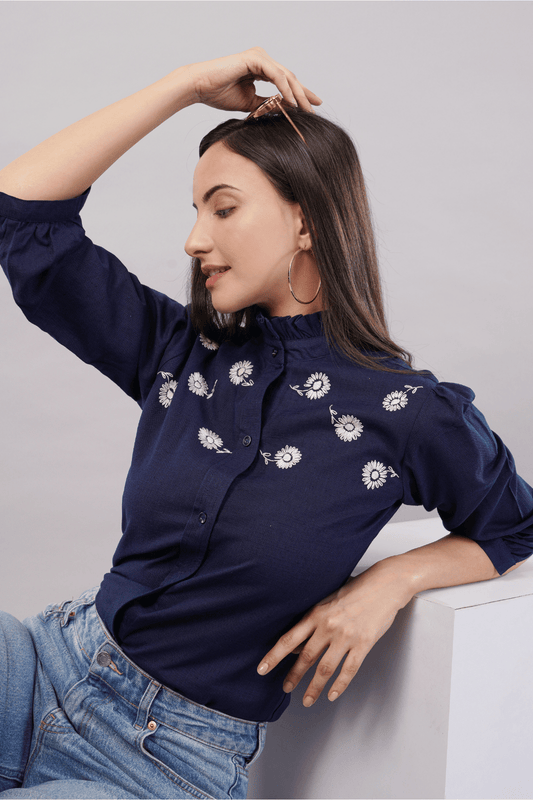 Navy Blue Cotton Linen Shirt with Bishop Sleeves & Frill Collar