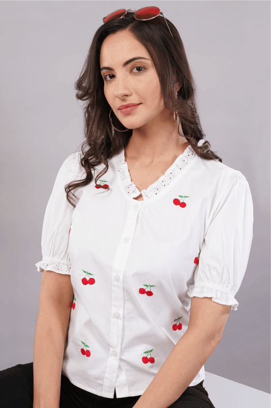 White Cherry Embroidered Poplin Cotton Shirt