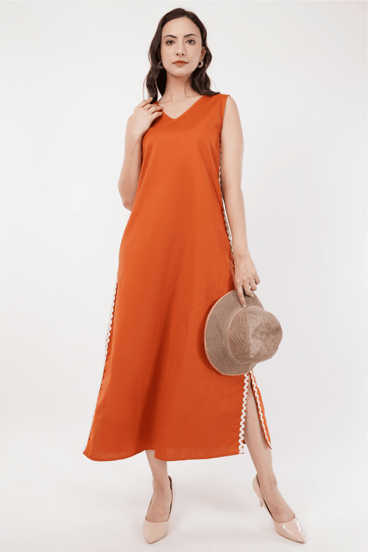 Rust Maxi A-Line Dress with Lace Detailing & Slits