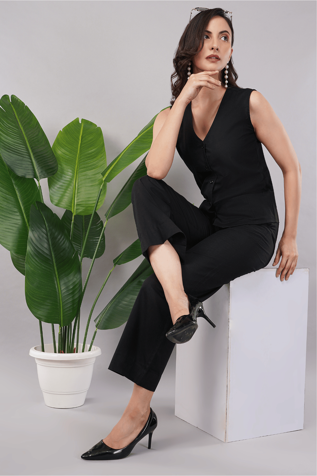 Black Linen Cotton Waistcoat Co-ord Set