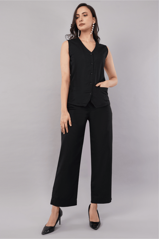 Black Linen Cotton Waistcoat Co-ord Set