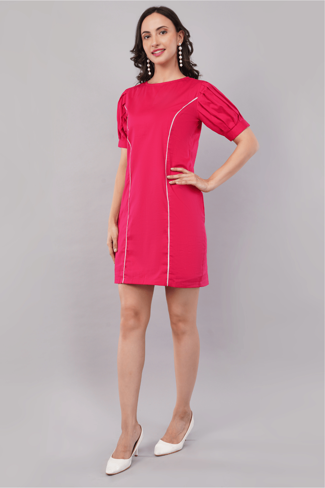 Magenta Pink Sheath Dress with Lace & Bow Detail