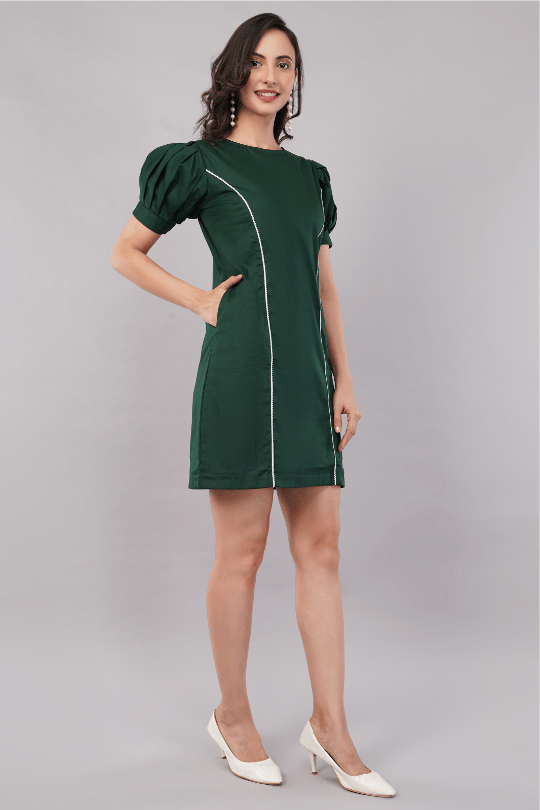 Emerald Green Sheath Dress with Lace & Bow Detail