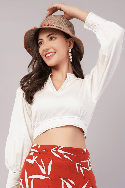 White Cotton V-Neck Crop Top with Bishop Sleeves