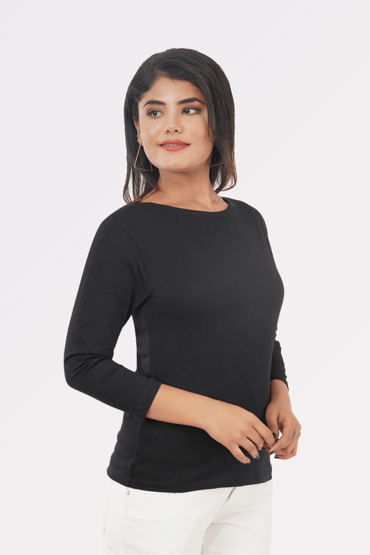 Black Cotton Boat Neck Top