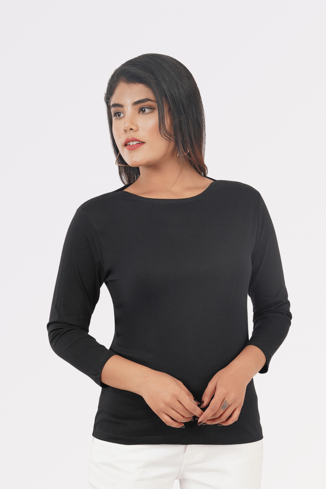 Black Cotton Boat Neck Top