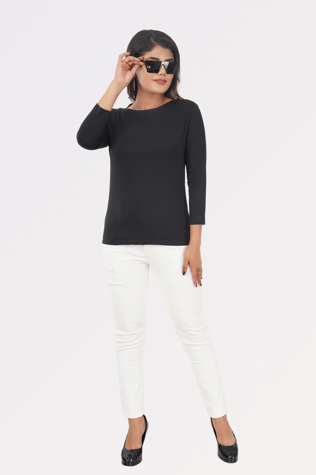 Black Cotton Boat Neck Top