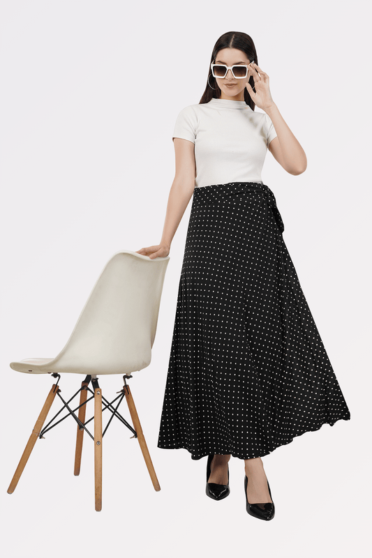 Black Polka Dots Maxi-Length Wrap Skirt in Premium Rayon