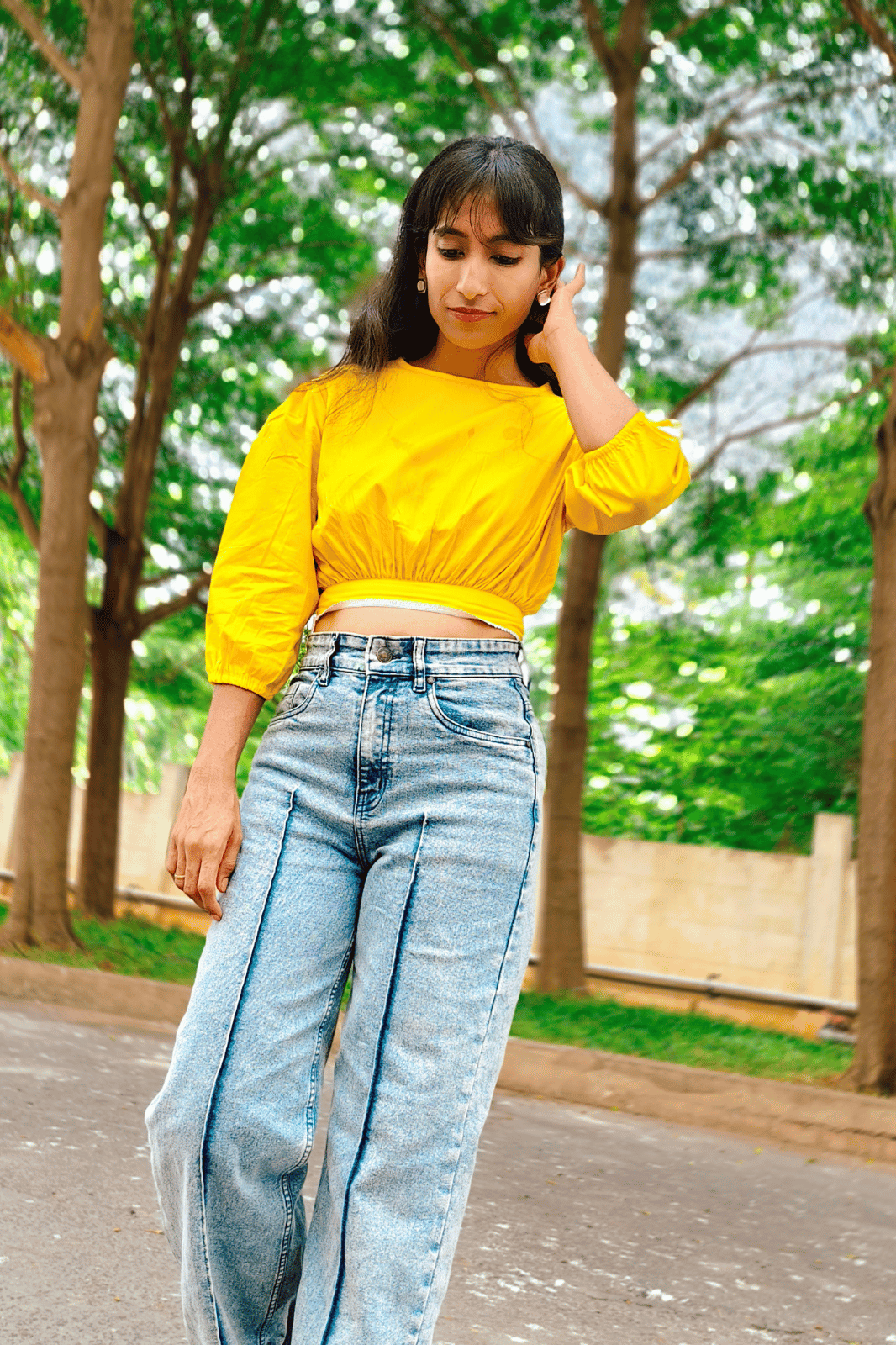 Yellow Puff Sleeve Crop Top with Lace Detailing
