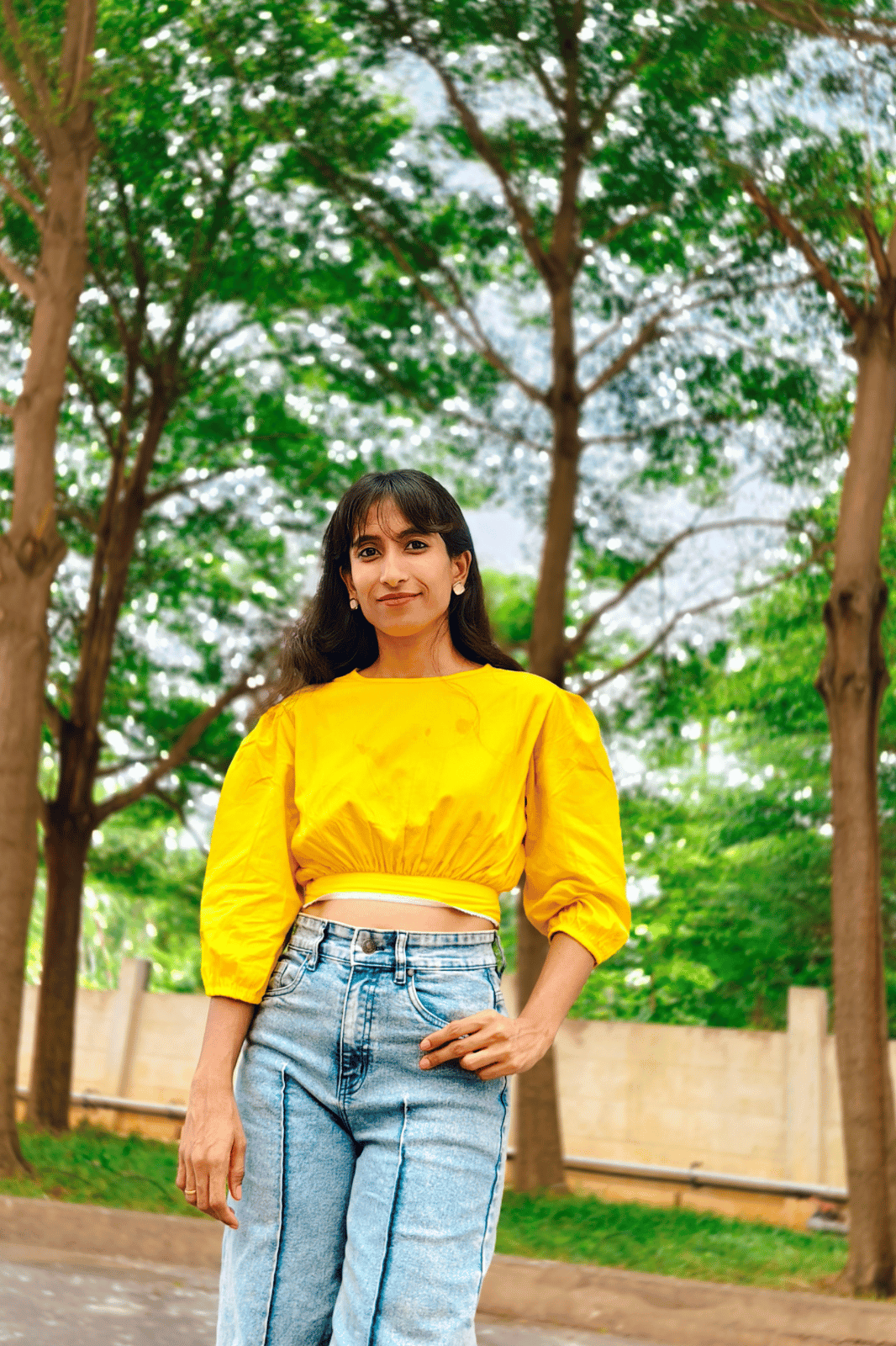 Yellow Puff Sleeve Crop Top with Lace Detailing